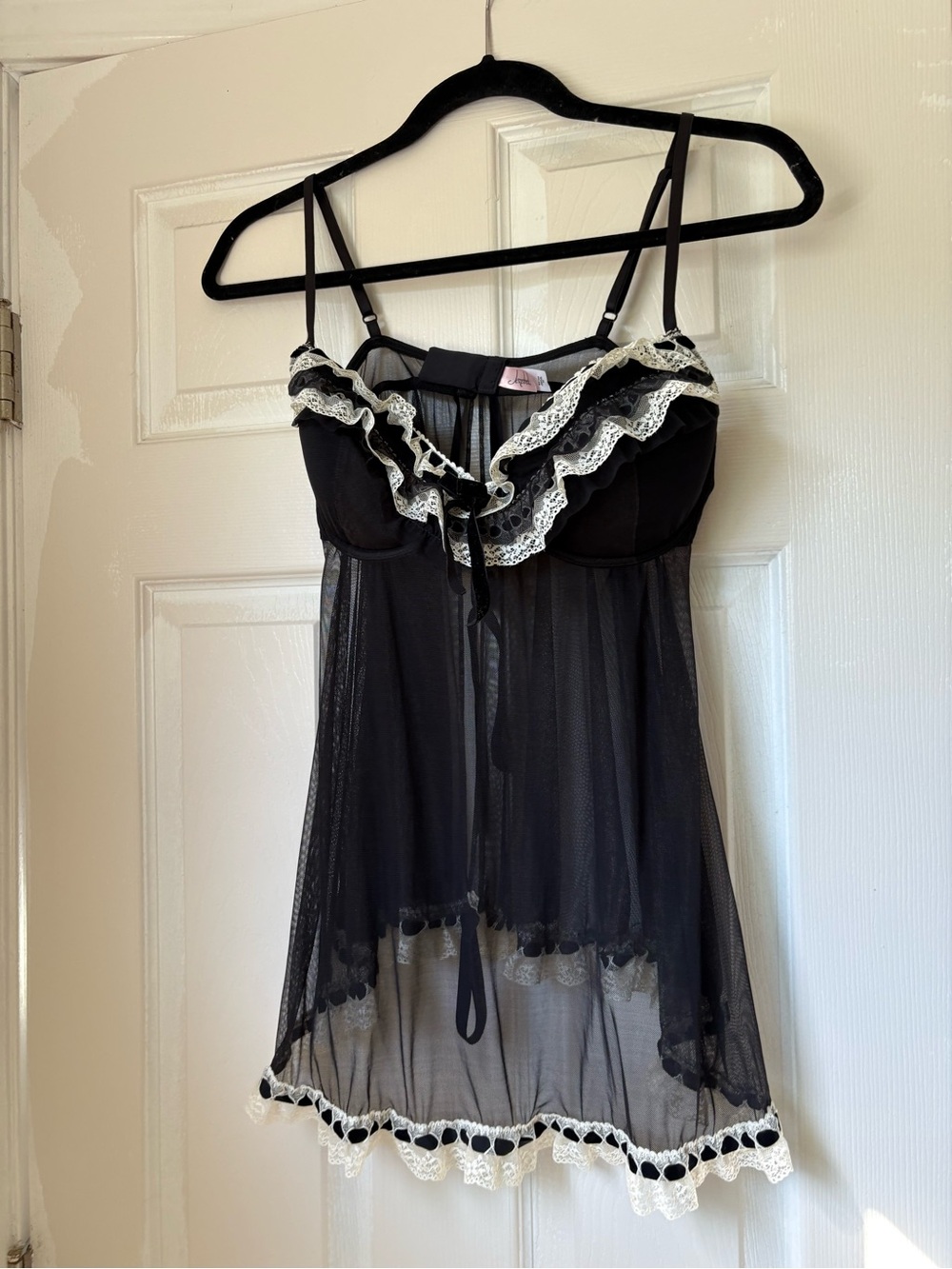 Jezebel Black Mesh Babydoll Chemise with White Lace Trim